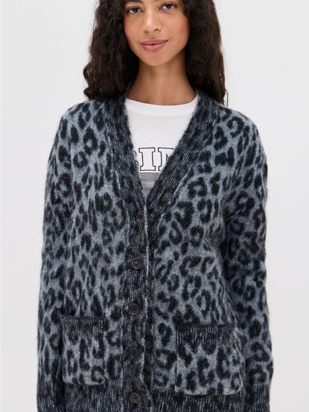 Anine Bing Leopard-Print Button Cardigan Sweater - Gray/Black